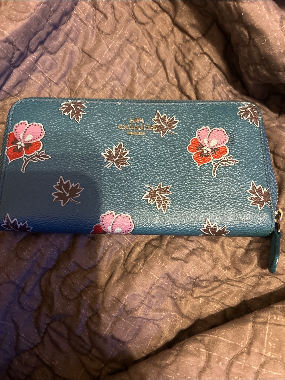 Coach Teal Floral Zip Wallet with Pink & Red Accents (REHAB)